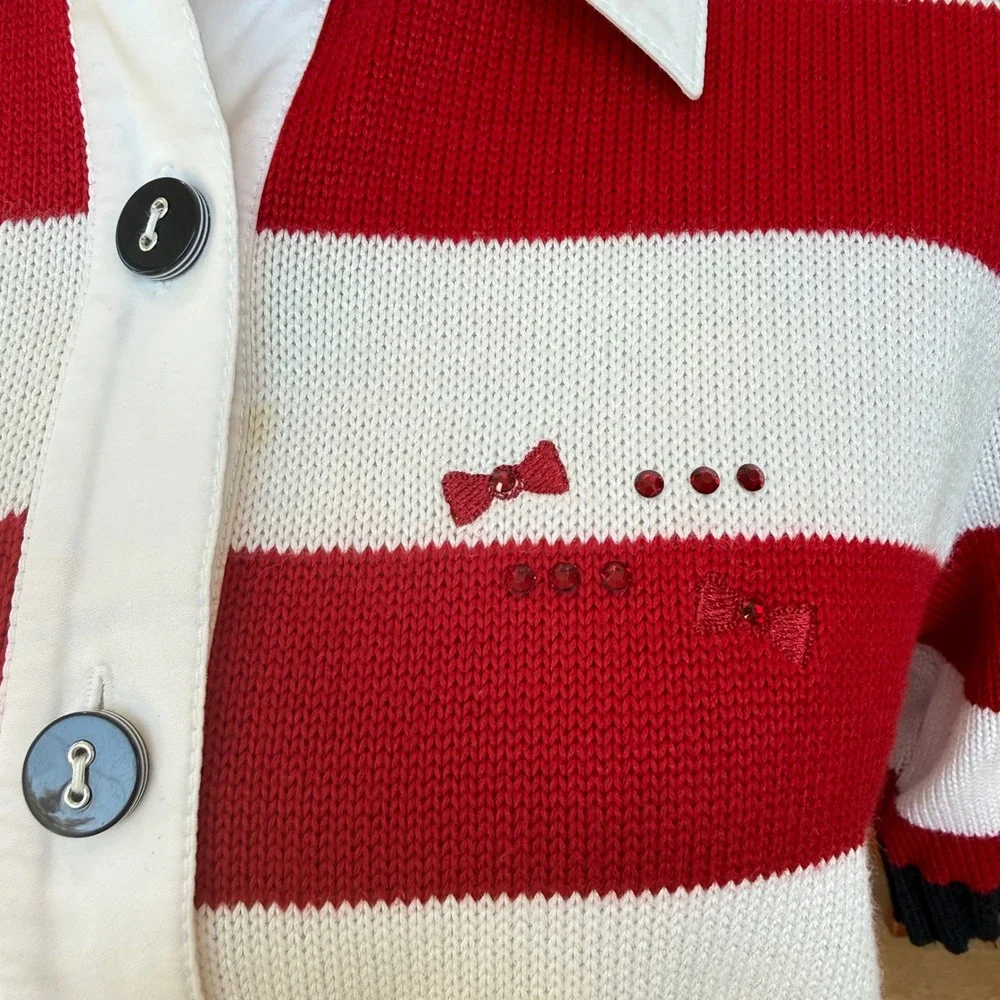 Lucia Vintage Red White Striped Knit Cardigan Short Sleeve Button Front Top 10